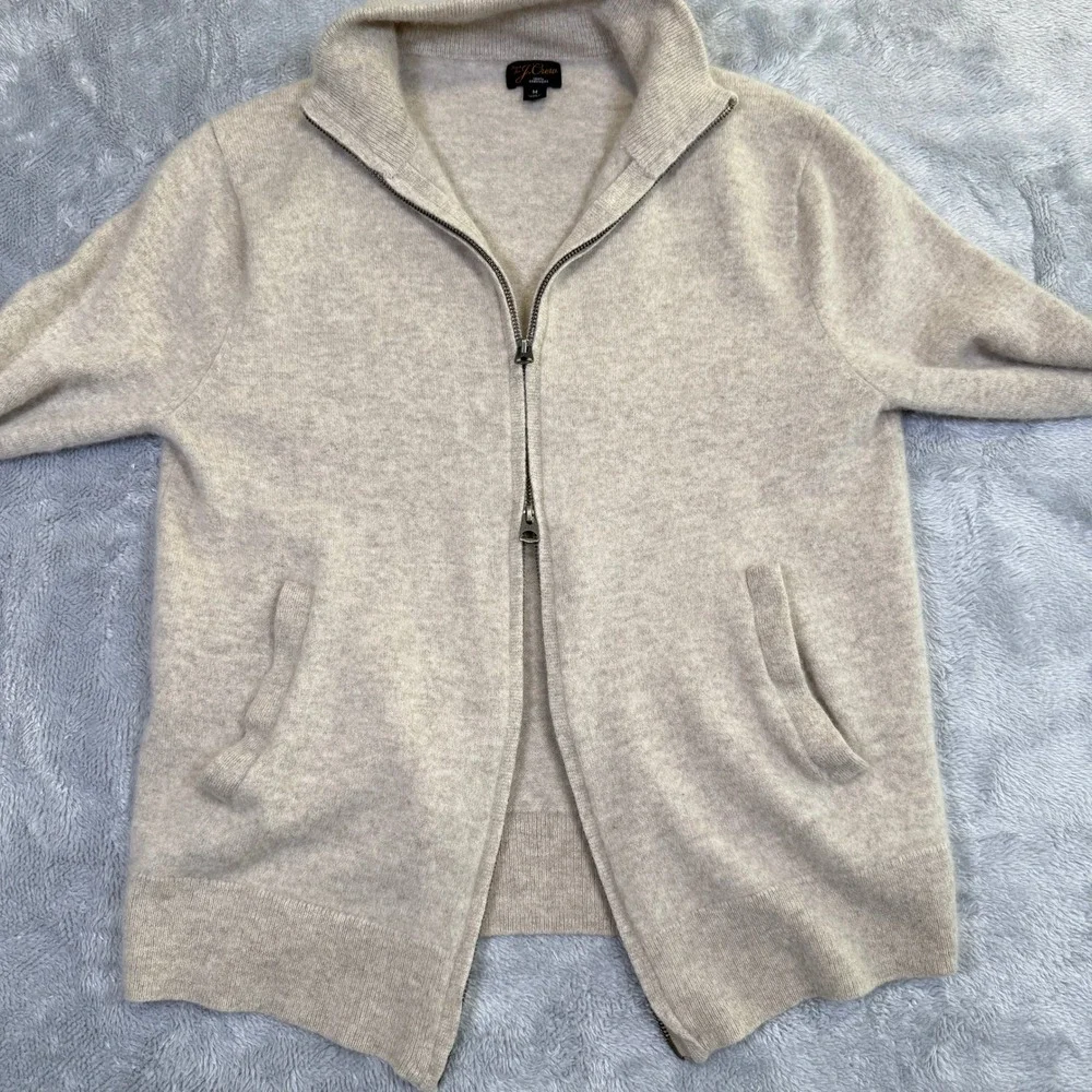 J Crew Sweater Mens Medium Beige 100% Cashmere Full Zip Up Preppy Quiet Luxury